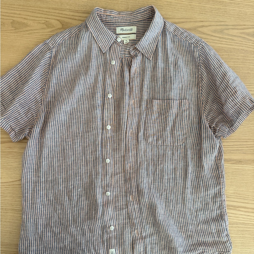 Madewell Short-Sleeve Striped Linen Button-Up — Blue & Brown